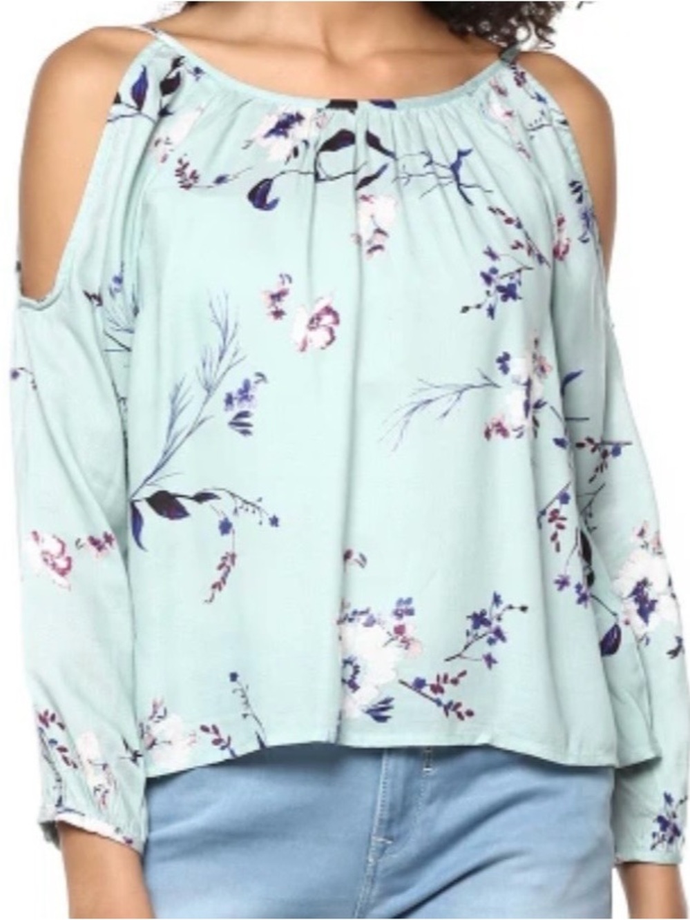 Arizona Jean Company Mint Floral Cold-Shoulder Crop Top